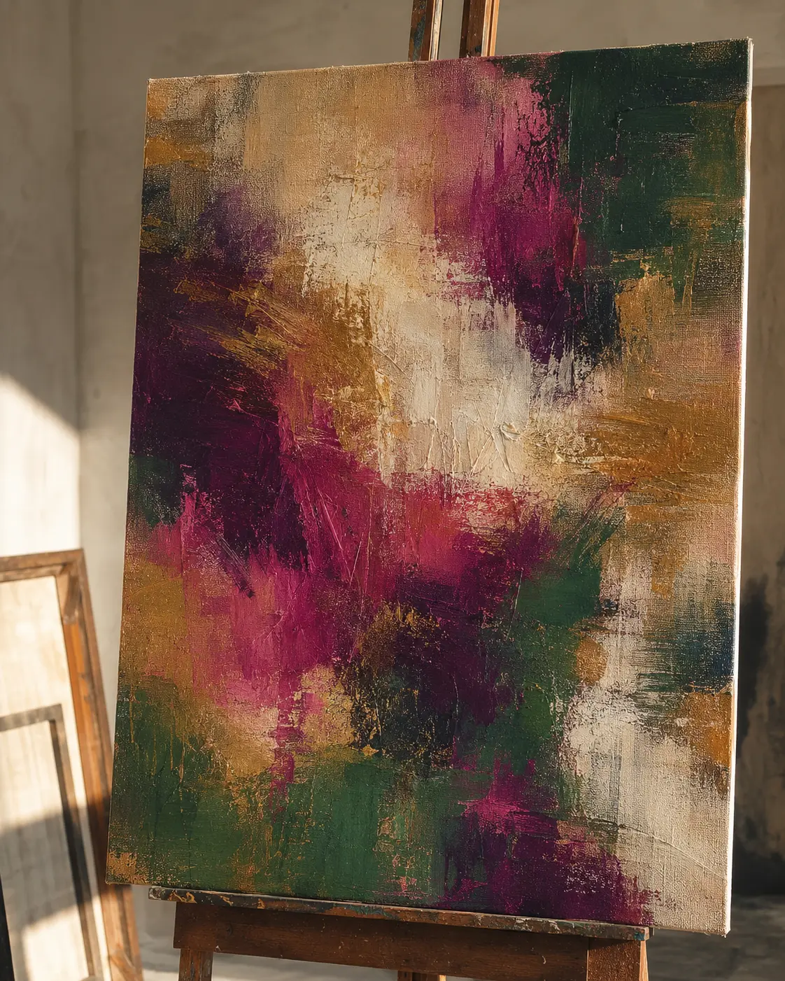 Original abstract canvas artwork in magenta, green, cream and gold