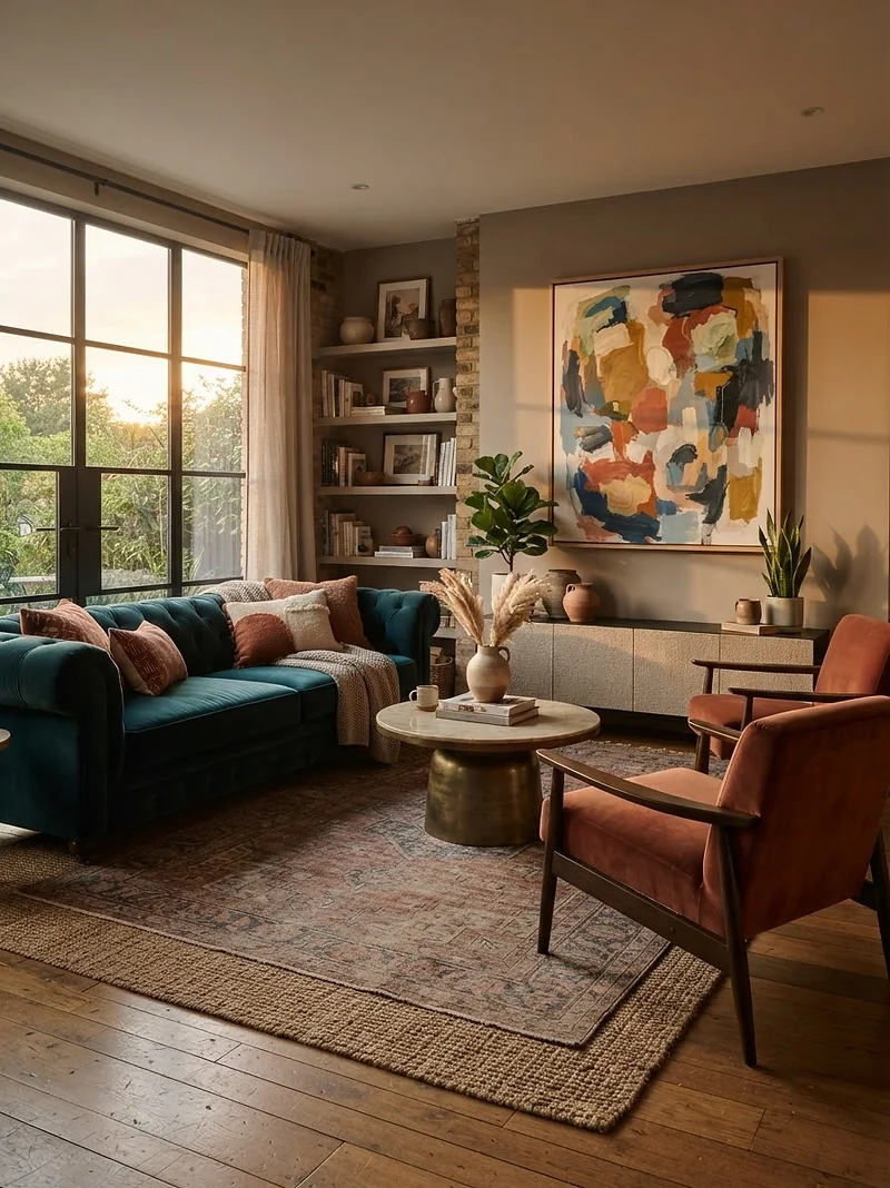 Warmly composed living room with layered vintage and modern furnishings