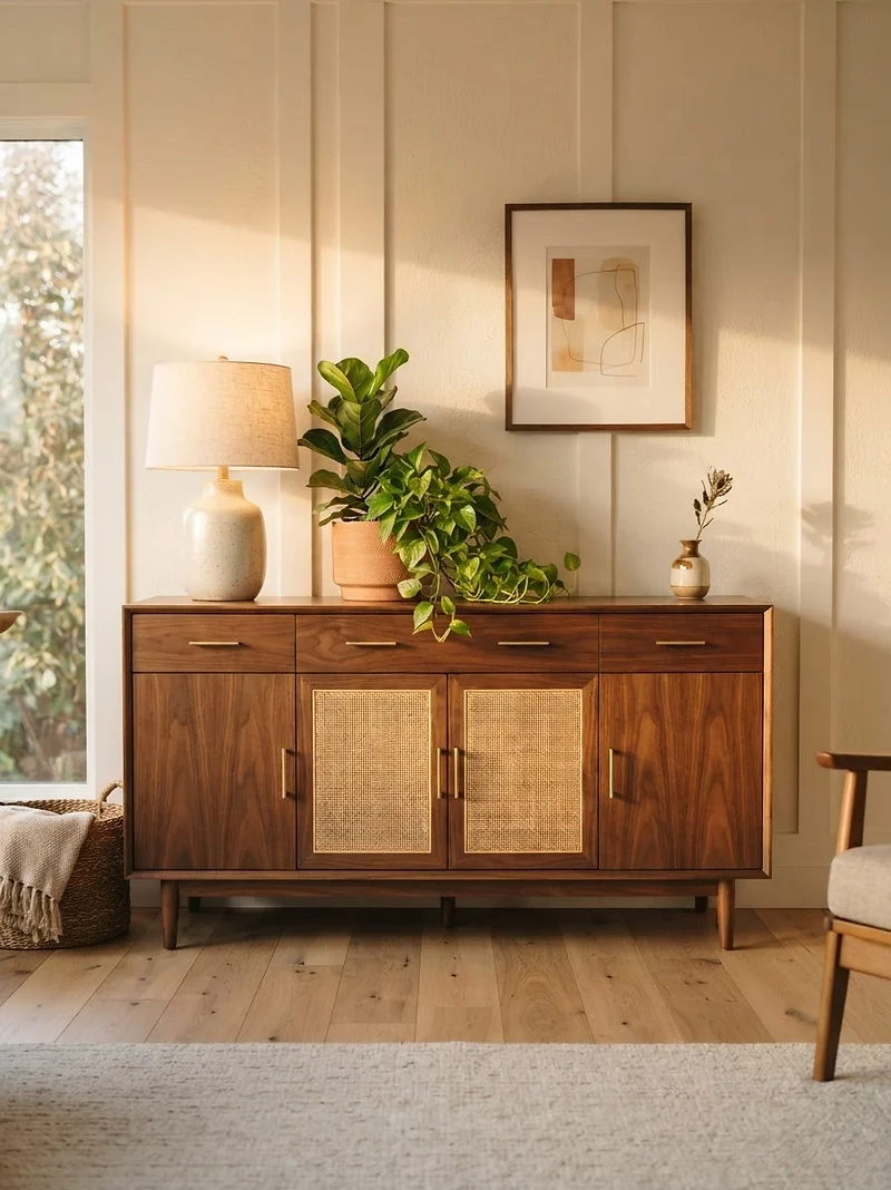Restored walnut credenza with cane-front doors in a softly lit room