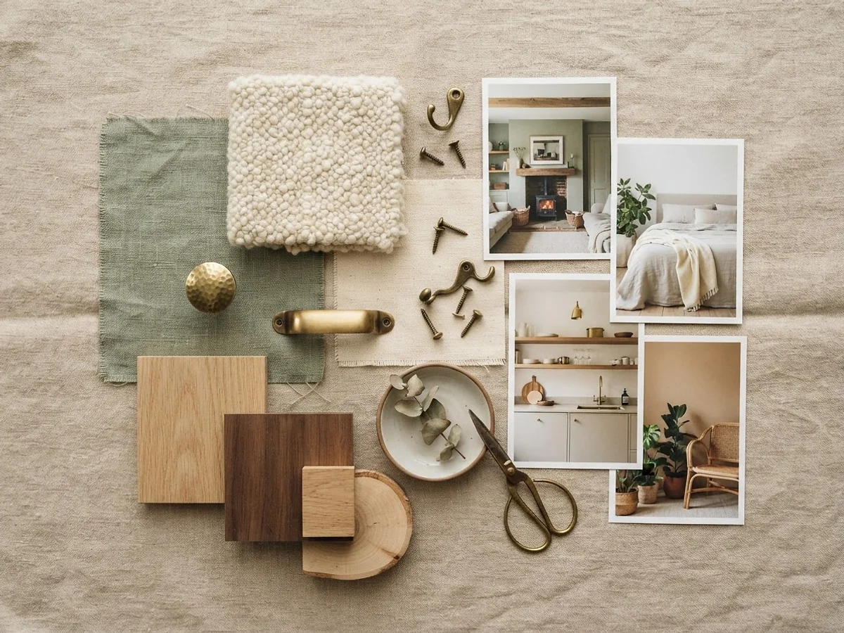 Interior design material palette with textiles, wood samples, brass hardware and room photographs